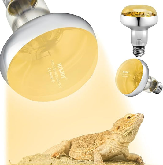 MIXJOY 2Pack 75W Reptile Heat Lamp Bulbs, Upgraded Golden Glass 60% Intense Heat Bulb UVA Daylight Basking Spot Light Bulb for Reptiles, Turtle, Lizard, Tortoise, Bearded Dragon, Gecko, Chicken