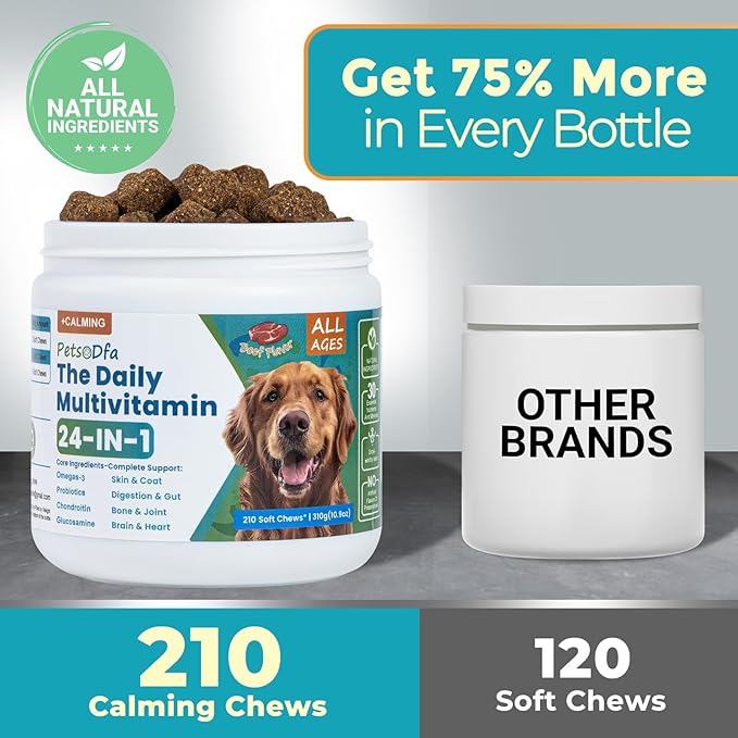 24-in-1 Dog Multivitamin Supplement with Gifted Chew Bone & Pet Comb, 210 Calming Chews, Dog Vitamins with Chondroitin & Probiotics, Hip & Joint, Immune Support, Beef Flavor