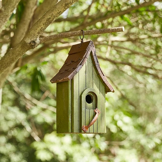 Glitzhome Birdhouses for Outdoors, Hand Painted Garden Hanging Wooden Bird House with Single Roof for Outside, Country Cottages for Bluebird Swallow Sparrow Hummingbird Finch Cardinals Cedar, Green