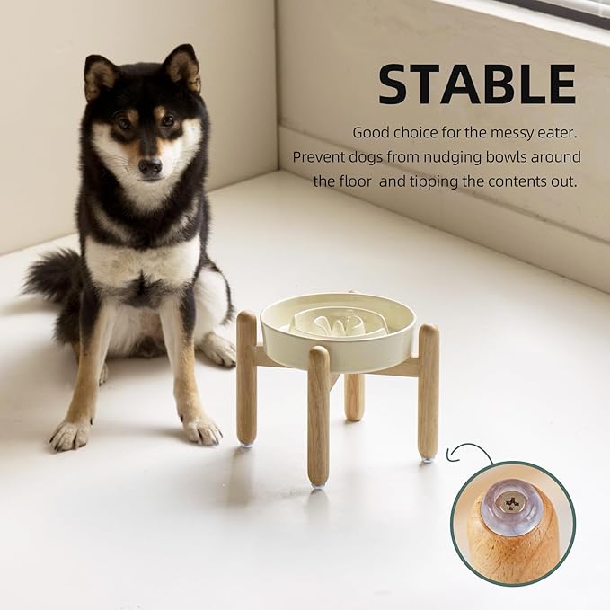 7.3inch Ceramic Raised Slow Feeder Dog Bowl Set, Elevated Wooden Stand for Medium and Small Dog, Puzzle Slow Dish, Anti-Gulping(Beige, Single Bowl+ Stand)