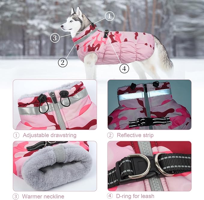 Lelepet Dog Coat Warm Dog Winter Coat Waterproof Dogs Jacket with Harness Built in Reflective Pet Fleece Vest Zip-Up Cold Weather Coats for Large Dogs Turtleneck & Windproof Coats Boxer Pink Camo XL