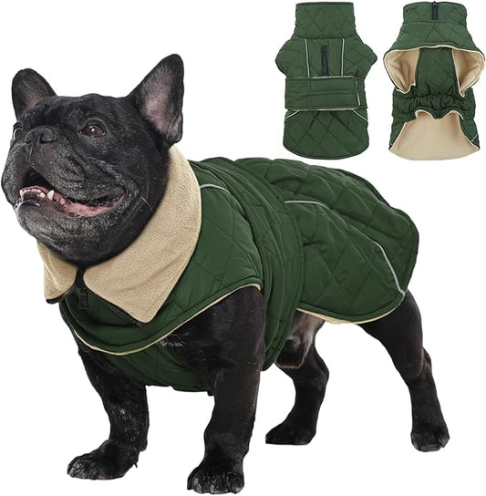 Kuoser Dog Coat, Extra Warm Dog Jacket Quilted Windproof Pet Cold Weather Coats for Small Dogs, Fleece Lining Turtleneck Puppy Snowsuit Reflective Adjustable Winter Clothes, Green S