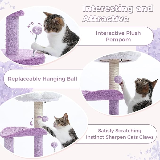 PAWZ Road Cat Tree,32 Inches Purple Flower Cat Tower with Sisal Covered Scratching Post, Cozy Condo, Plush Perches and Fluffy Balls for Indoor Cats