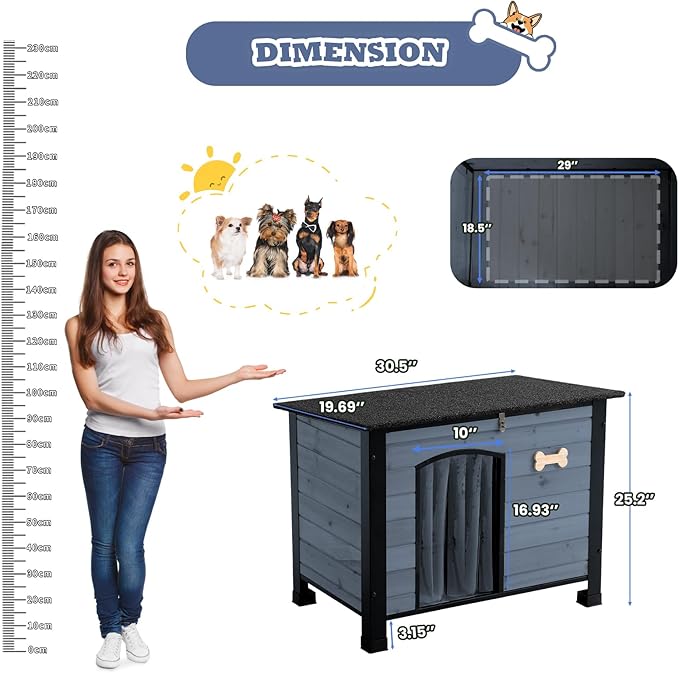 Outdoor Dog House, Indoor Outdoor Doghouse Puppy Shelter Dog House with Iron Frame,Anti-Bite Design Dog Home for Small Medium Some Large Dogs (Grey, Small)