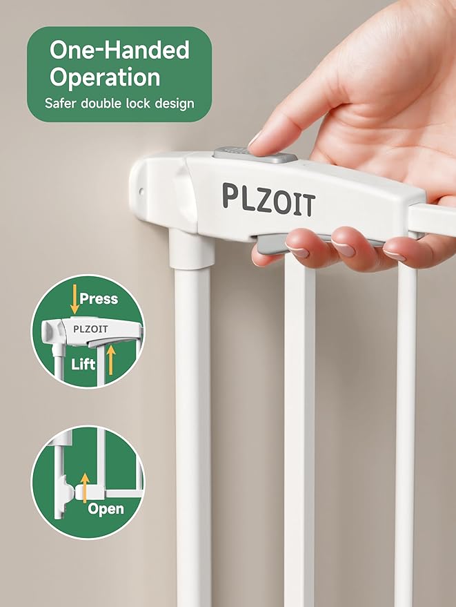 29.5-43" No Bottom Bar Baby Gate for Stairs, Auto Close Dog Gate Indoor, Hardware Mounted, Child Safety Gate for Kids with Large Walk Thru Door, Pet Gate for Doorways adn Stairs - White