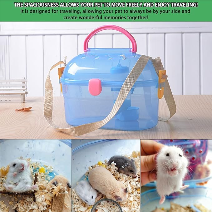 Portable Hamster Cage Syrian Hamster Carry Travel Cage with Water Bottle Food Bowl Adjustable Strap Pet Outgoing Cages for Gerbil Squirrel Guinea Pig Hedgehog Chinchilla