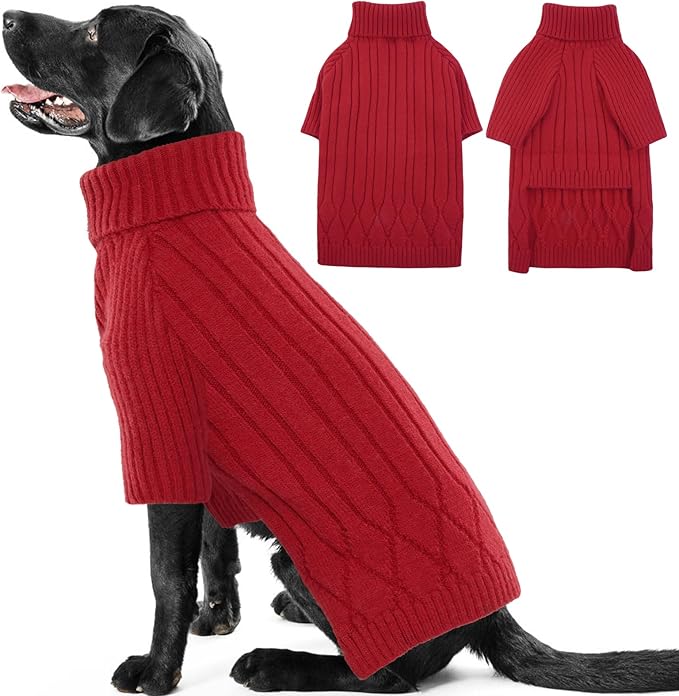 XL Dog Sweater for Extra Large Dogs, Warm Winter Fall Turtleneck Knitwear, Christmas Outfit for Girls Boys, Pet Sweatshirt Clothes (Red XL)