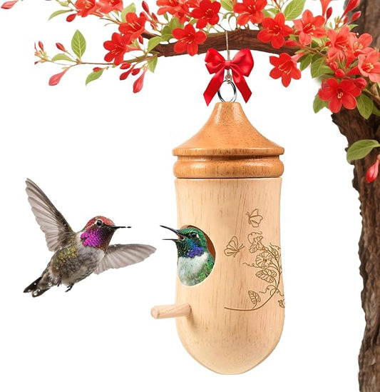 Hummingbird House, Solid Wood Hummingbird Houses for Outside-Exquisitely Handcrafted Birdhouse with Bow and Jute String Hanging Kit, Durable Garden Decor, Perfect Gardening Gift (Style-A, 1 Pack)