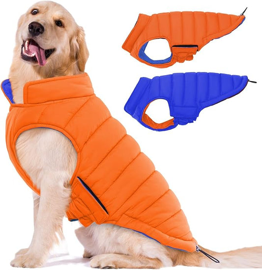 Lelepet Reversible Dog Jacket Warm Dog Winter Coat Lightweight Windproof Padded Vest for Small Medium Large Dogs Winter Coats with Hook & Loop, Non-Shedding, Easy on/Off, French Bulldog, Orange, L