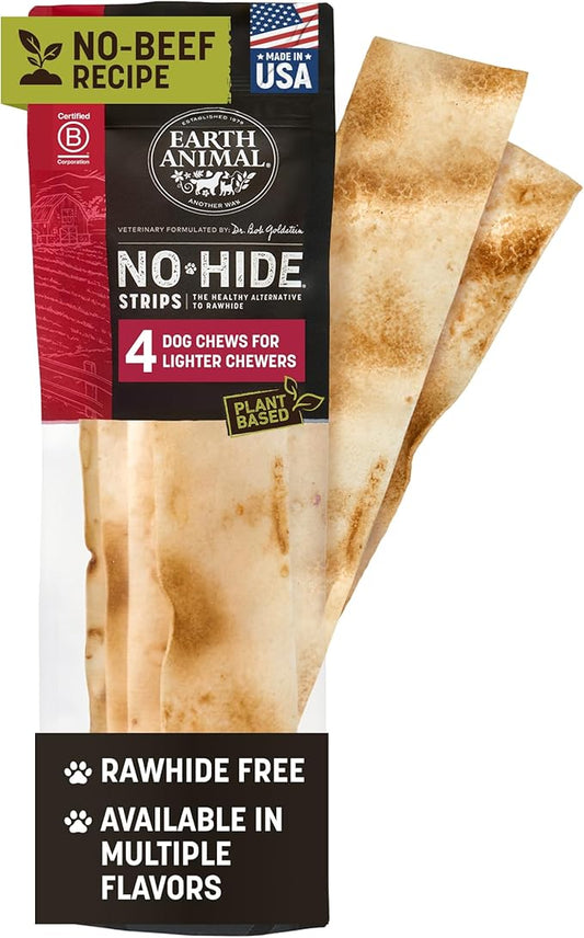 Earth Animal No Hide Strips Beef Free Flavored Vegetarian Natural Treats | Non Rawhide | Quick & Thin Dog Chews - 4 Count