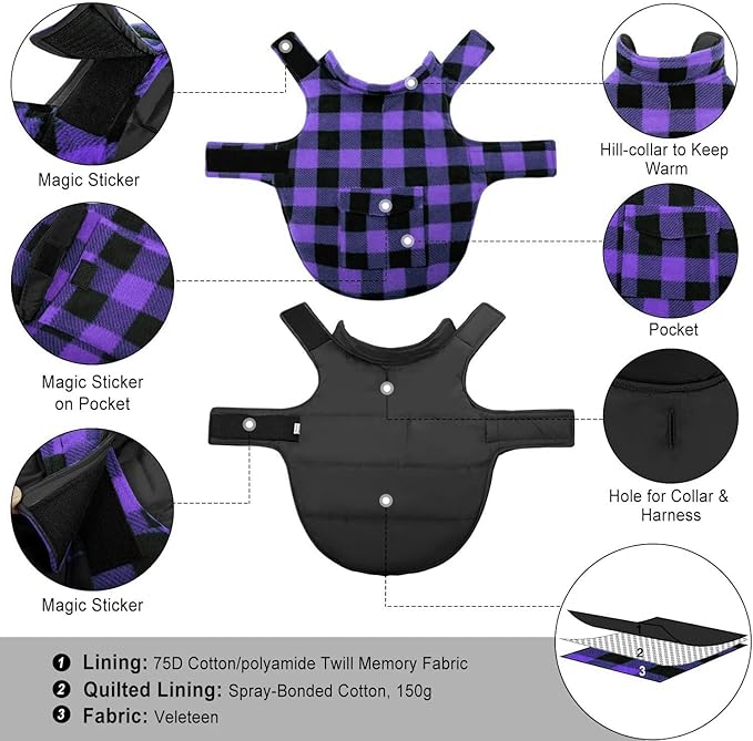 ASENKU Dog Jacket Plaid Reversible Reversible Dog Vest Waterproof Cold Winter Clothes Pet Apparel for Small Medium Large Dogs (S, Purple)