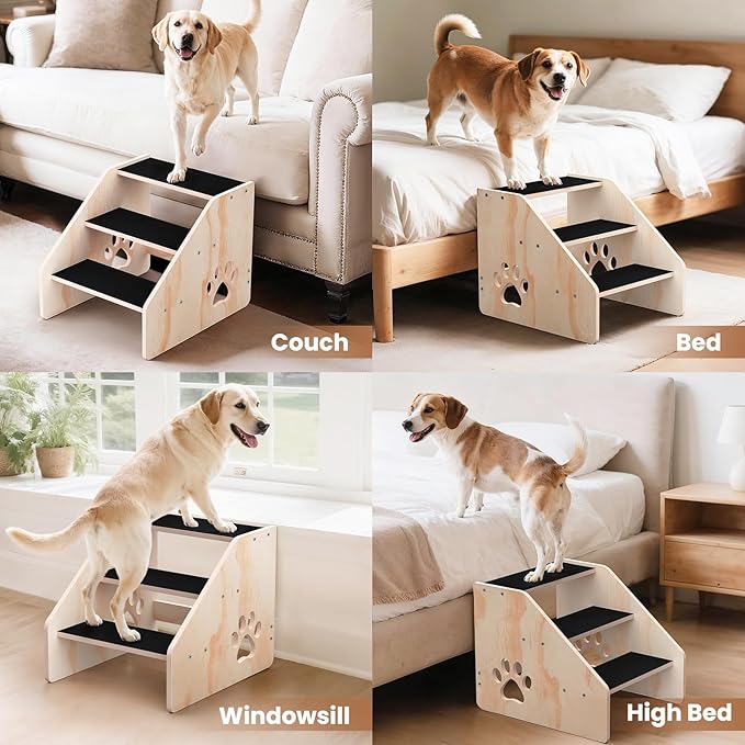 Dog Stairs, Wooden 3-Step Dog Ramp for Small Medium Large Older Cat, Puppy Essentials Pet Step Ladder for High Bed Couch Car