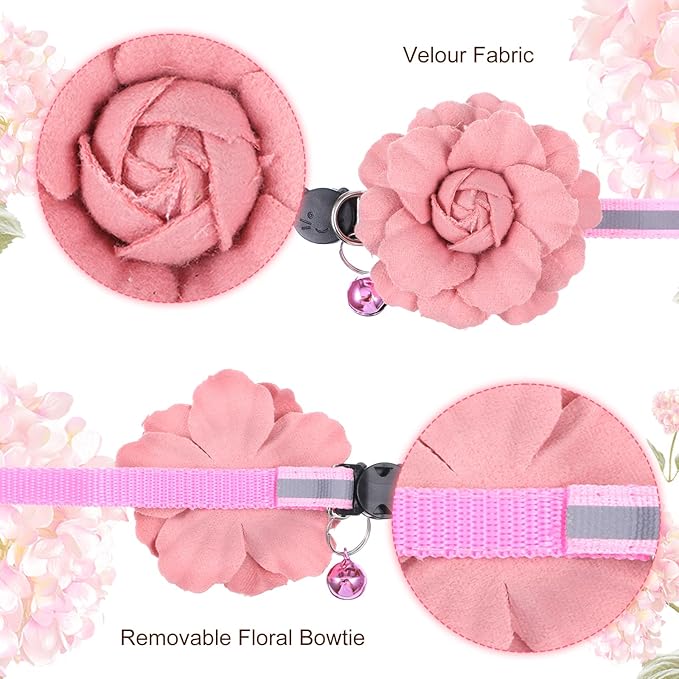 2 Pack Cute Cat Collar, Girls Cat Collars, Flexible Adjustable Floral Cats Bowtie Collar, Removable Kitten Collars with Bells for Boys Girls Cats Puppies Small Pets,Purple Pink