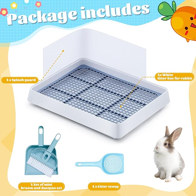 Uiifan Large Rabbit Bunny Litter Box Guinea Pig Litter Tray 15 x 12.1 x 2.55 Inch Small Animal Pet Toilet Potty Pan Rectangular Rabbit Bedding Tray Ferrets Cage (White and Blue)