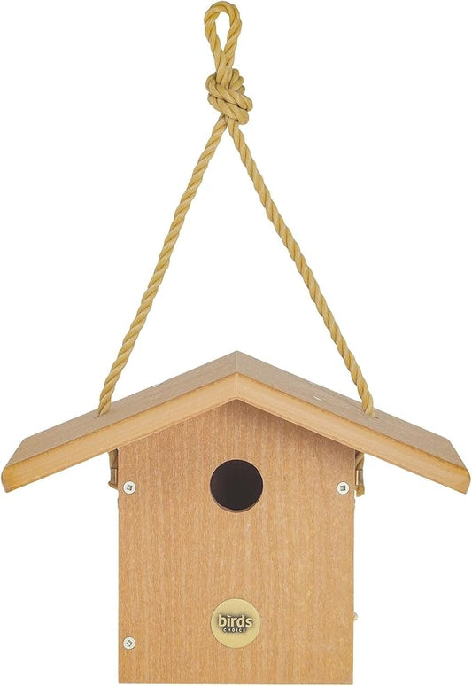 Birds Choice Modern Farmhouse Hanging Bird House for Wrens & Chickadees, Natural Teak - Includes Nylon Hanging Rope, Made in USA
