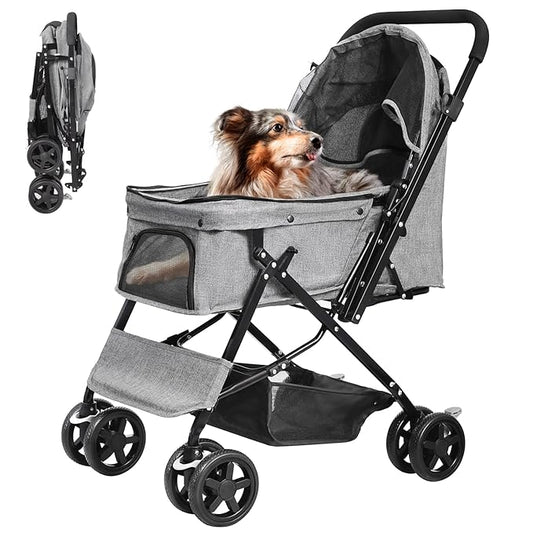 Dog Stroller for Large Medium Dogs & Cats with Reversible Handle, Foldable Pet Stroller Travel Carriage with Large Storage Basket, Gray