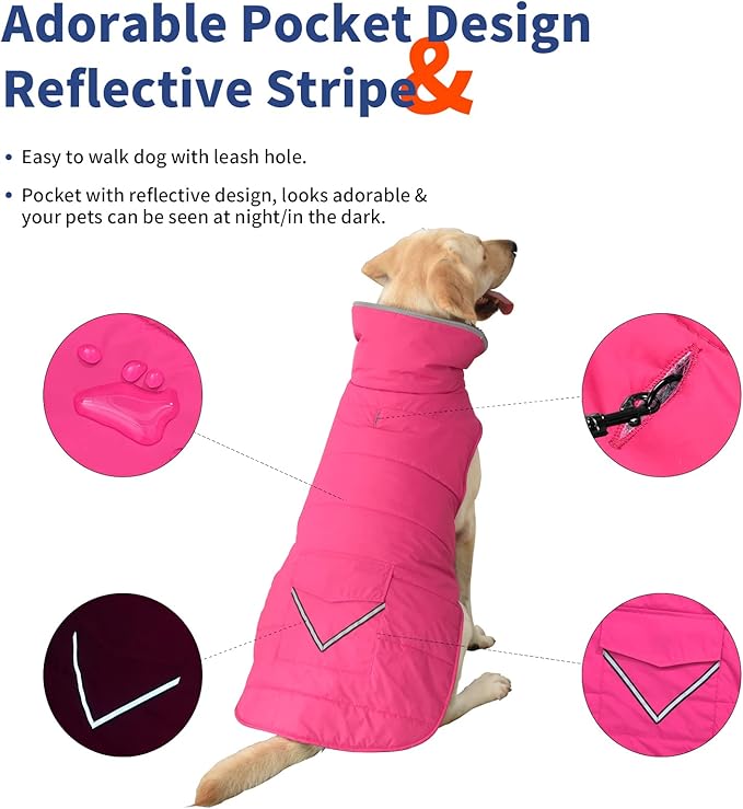 Dog Coat, Waterproof Dog Winter Jacket with Pocket, Reflective Adjustable Pet Snow Vest, Warm Cozy Fleece Sweater for Small Medium Extra Large Dogs - Pink, L
