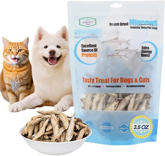 Amzey Minnows - 3.5 oz Freeze Dried - 100% Natural Premium Cat & Dog Treats - Bulk Package (1.6" to 2.8" Length Each)
