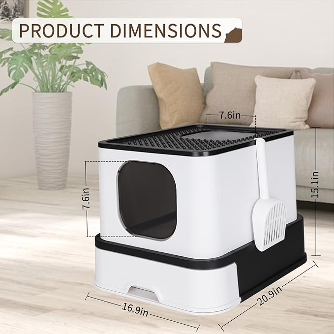 RIZZARI Large Enclosed Cat Litter Box : Covered Leak-Proof Reduces Odor - for Indoor Use Cat Owners (Black)