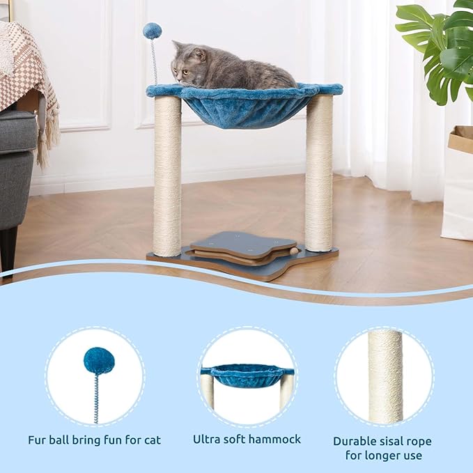 Simple Deluxe Small Cat Tree Tower with Scratching Post, 4-in -1Cat Tree with Hammock,Dangling Ball,Natural Sisal Cat Scratcher,Wooden Interactive Track Ball Base for Indoor Kittens,18inches