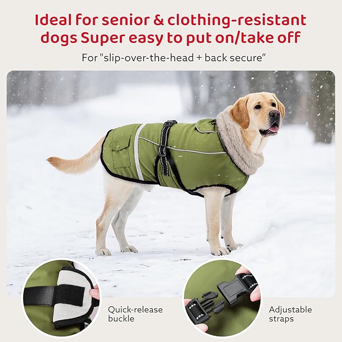 Dog Coat, Dog Winter Coat Jacket Waterproof for Large Dogs, Pet Vest Warm Fleece Cozy for Cold Weather, with Harness Built in Reflective, Dogs Snowsuit Windproof, Adjustable Buckle