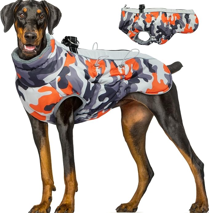 Dog Coat Dog Winter Jacket-3X Large, Warm Dog Coat Zip Up Snowsuit Dog Harness Vest Reflective Water-Resistant Dog Coat Dog Snow Jacket for Large Dogs Labrador, Huskyn, Orange-Camouflage