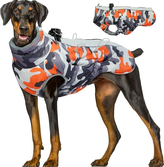 Dog Coat Dog Winter Jacket-3X Large, Warm Dog Coat Zip Up Snowsuit Dog Harness Vest Reflective Water-Resistant Dog Coat Dog Snow Jacket for Large Dogs Labrador, Huskyn, Orange-Camouflage