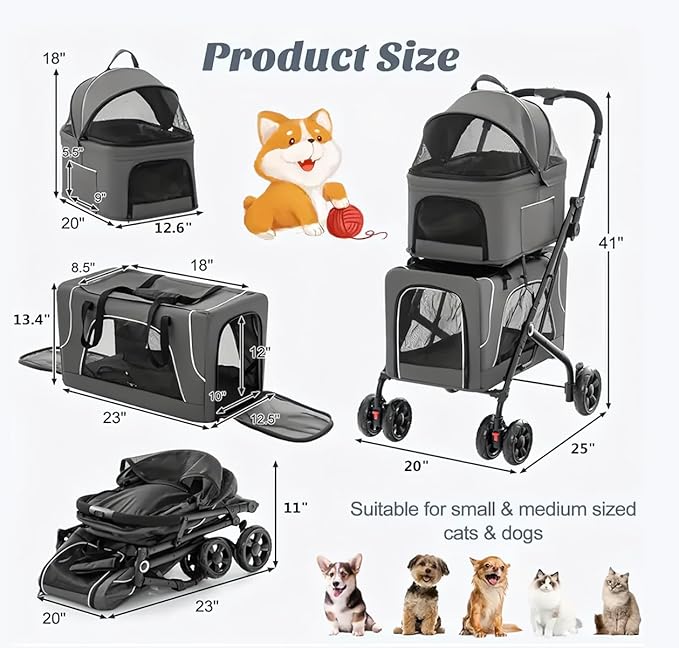 Pet Stroller with 2 Detachable Carriers, Foldable, Spacious Interior, Large Capacity, Durable Construction