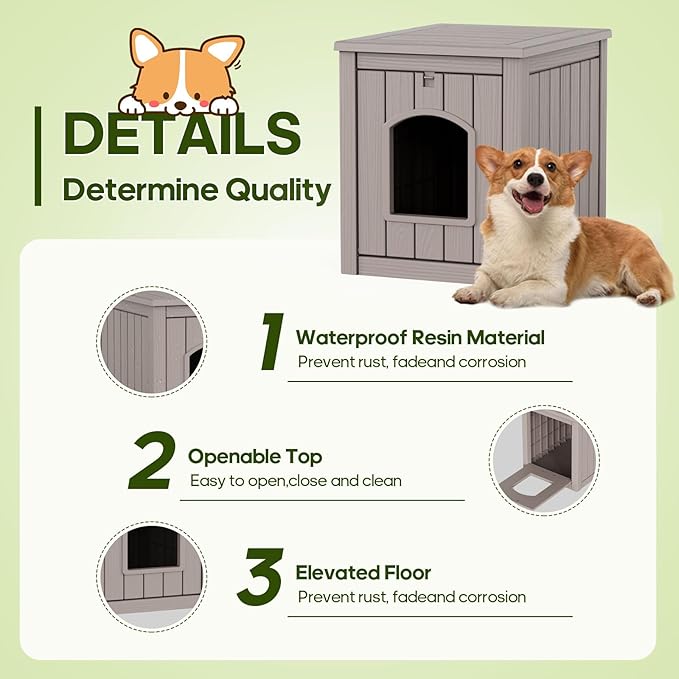 ROJIK Dog House Outdoor Waterproof,Resin Puppy Shelter Indoor with Flip Lid and Elevated Floor,Cat Duck Chicken Shelter, Portable and Easy Assembly(Grey)