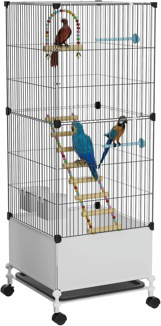 Medium Flight Bird Cage, Black Parakeet Cages with Rolling Stand & Wheels, Wide Birdcage for Parrots Cockatiels Conure Budgie Canary Finch Lovebird