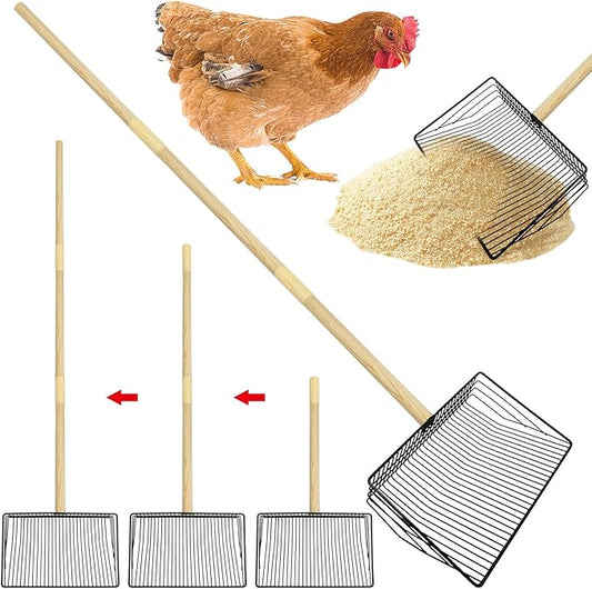 PINVNBY Stainless Steel Chicken Poop Scooper 3 in 1 Adjustable Wooden Handle Poop Scooper for Chicken(18.1" to 42.1")Multifunctional Chicken Coop Cleaning Tools Sifting Shovel Chicken Coop Accessories