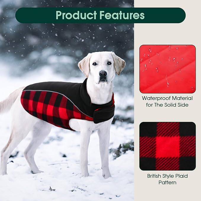 Kuoser Dog Winter Coat, Reversible Waterproof Dog Jacket with Reflective Strip, Warm Dogs Fleece Vest Adjustable Doggy Cold Weather Clothes Plaid Christmas Outfit Pet Apparel for Large Dogs, Red XL