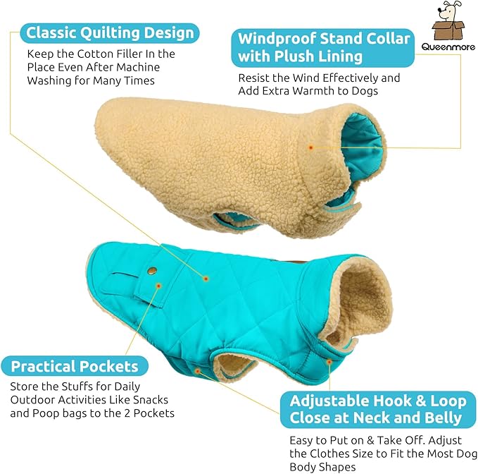 Queenmore Warm Dog Coat, Cold Weather Puffer Dog Coat Vest, Quilting Winter Pet Jacket Ultra Thick Plush Fleece Lining Pet Clothes for Dogs with Storage Pockets (Light Blue, Small)