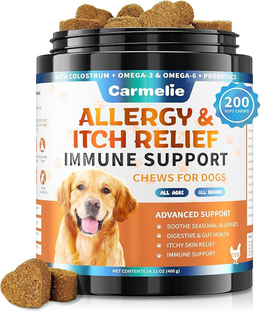 Dog Allergy Chews 200 Chews - Dog Itching Skin Relief Support - Omega 3 Probiotics for Dogs - Itchy & Paw Licking Relief, Seasonal Allergies, Skin & Coat Immunity Supplement - Chicken Flavor