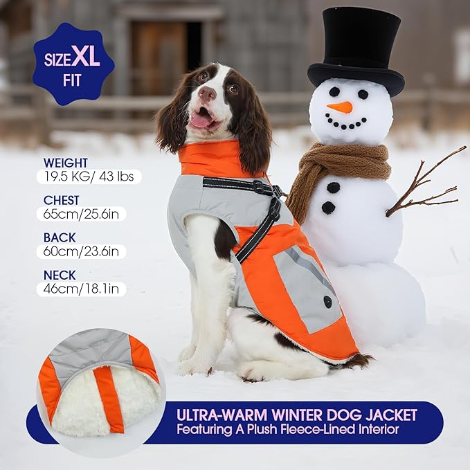 FUAMEY Dog Winter Jackets for Small Dogs,Dog Coat with Harness Built in,Waterproof Dogs Snowsuits Warm Pet Jacket Zip Up Fleece Cold Weather Coats Reflective Puppy Vest with Pocket Orange S