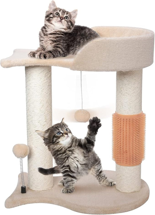 5-in-1 Cat Tree Tower Multifunction Cat Scratching Post Featuring with Fish-Shaped Rest Platform Cat Self Groomer Danging Ball Spring Ball, Ideal for Indoor Cats or Kittens - Cream