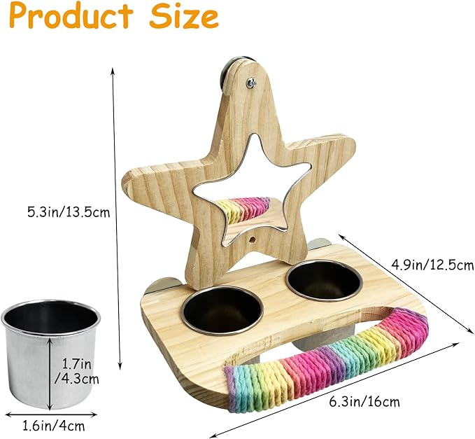 Tfwadmx Bird Parrot Wooden Feeding Cups Small Bird Feeding Dish Cups Stainless Steel Birds Bowls Food Water Bowls with Food Holder for Cockatiel Lovebirds Parakeet Finches