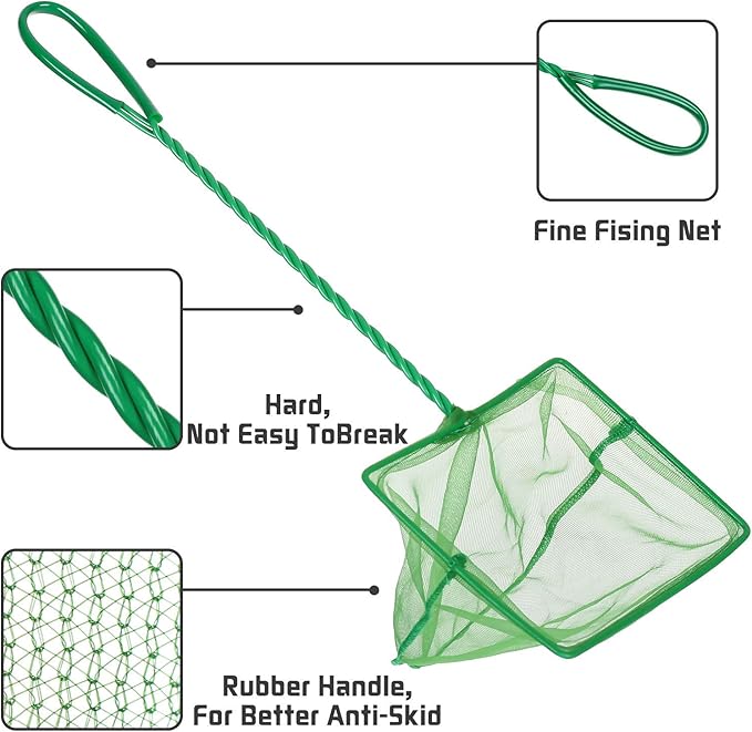 3PCS Aquarium Fish Net Fine Mesh Net Quick Catch Nets Nylon Fishing Nets with Long Plastic Handle for Fish Tank, Green, 3in 4in 6in