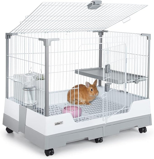 OIIBO Deluxe Rabbit Cage, 32" × 21" × 26" Large Space Bunny Cage Foldable Small Animal Cage with Pull Out Tray and Caster Platform, Professional Household Anti-Spray Urine Rabbit Cage Hutch Indoor