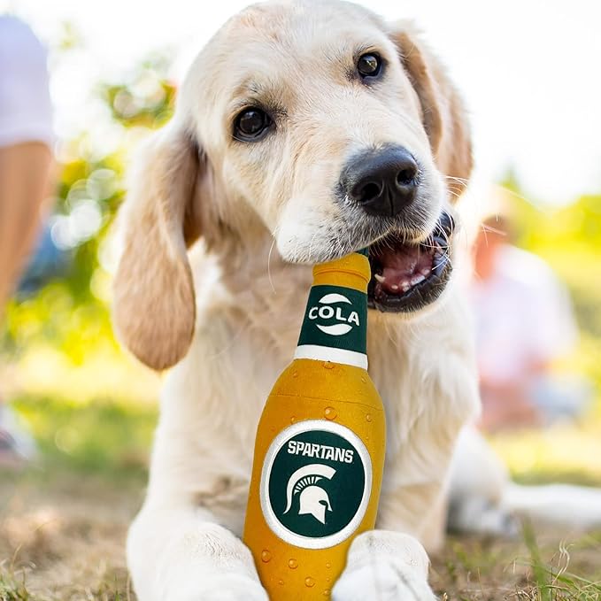 NCAA Michigan State Spartans Beer Bottle Plush Dog & CAT Squeak Toy- Cutest Stadium SODA Bottle Snack Plush Toy for Dogs & Cats with Inner Squeaker & Beautiful Football/Basketball Team Name/Logo