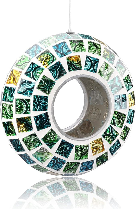 Yinns Bird Feeder - Fly Through Birds Feeder for Outside, Hanging Mosaic Glass Birdfeeder for Outdoors Circle Wild Bird Seed Container, 7-inch Green