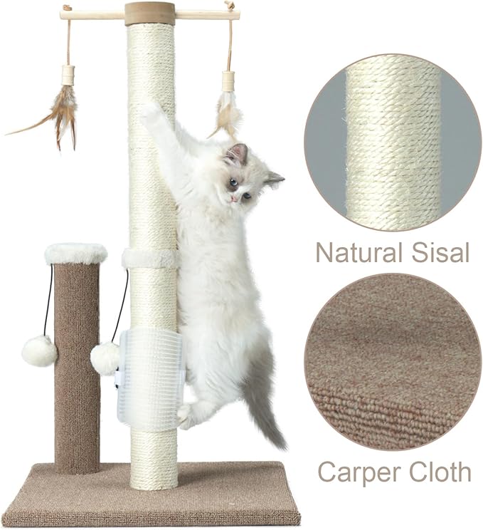 PAWSFANS Cat Scratching Post 30 Inches Tall Sisal Carpet Vertical Scratch Posts for Indoor Cats and Kittens,with Hanging Ball and Bursh Beige