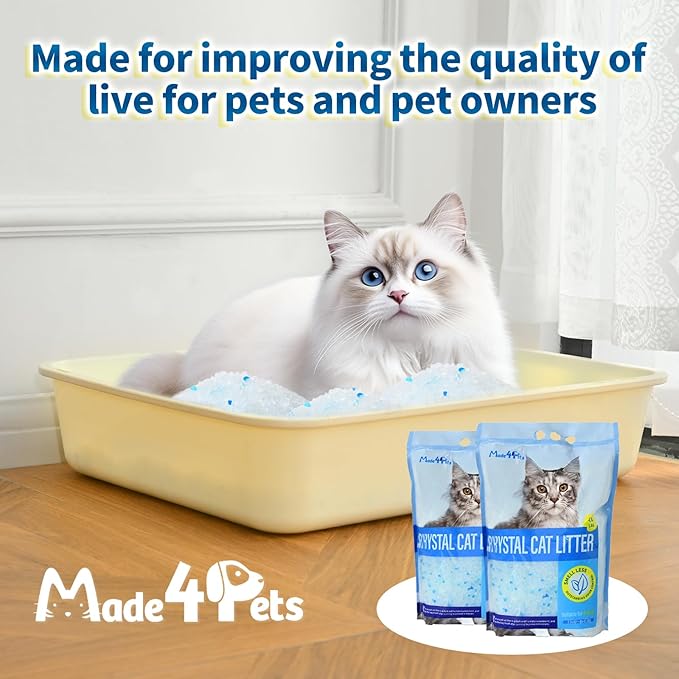 Made4Pets Cat Litter Crystals, Non Clumping Cat Litter Odor Control Kitty Litter Non Clumping No scooping Low Dust, Low Tracking, Lightweight, Dehydrates Waste,– 8.6 lbs (2 x 4.3 lb Packs)