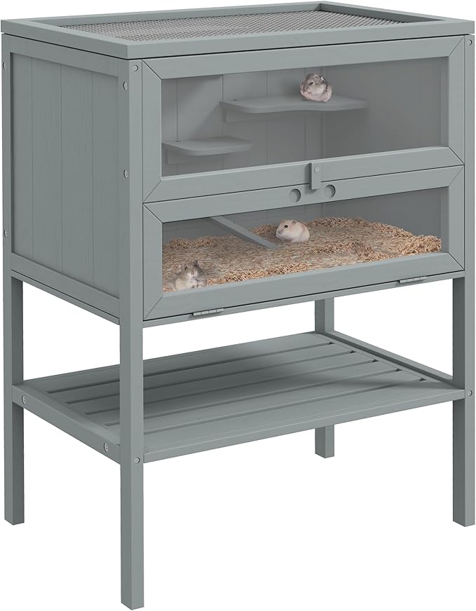 PawHut 3-Tier Wooden Hamster Cage Mice and Rat Cage Small Animals Hutch with Openable Top, Front Door, Storage Shelf, Gray