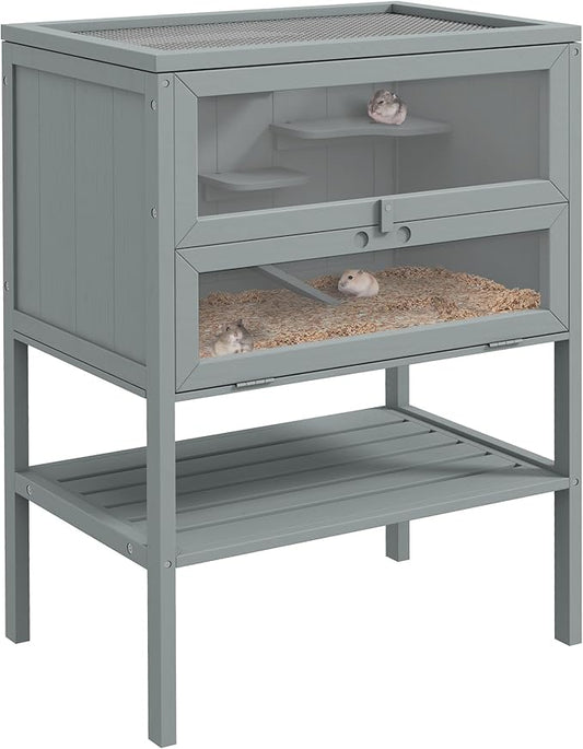 PawHut 3-Tier Wooden Hamster Cage Mice and Rat Cage Small Animals Hutch with Openable Top, Front Door, Storage Shelf, Gray