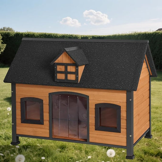 Outdoor Dog House Weatherproof Dog Kennel with Anti-Chewing Iron Frame Puppy Shelter for for Small to Large Sized Dogs