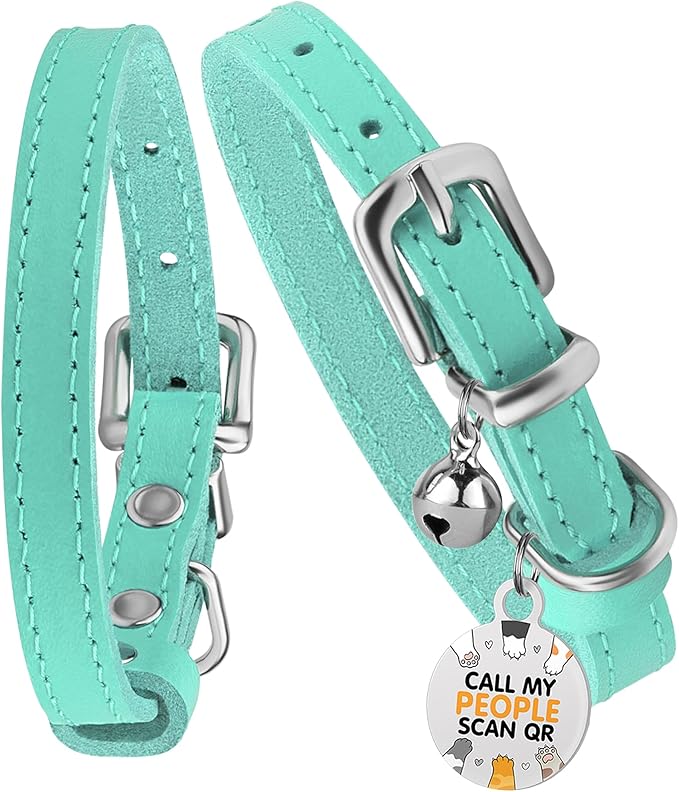 BRONZEDOG Leather Cat Collar with Removable Bells Non Breakaway Kitten QR Tag for Girl Boy (9" - 12" Cats/Mini Dogs, Turquoise & Silver)
