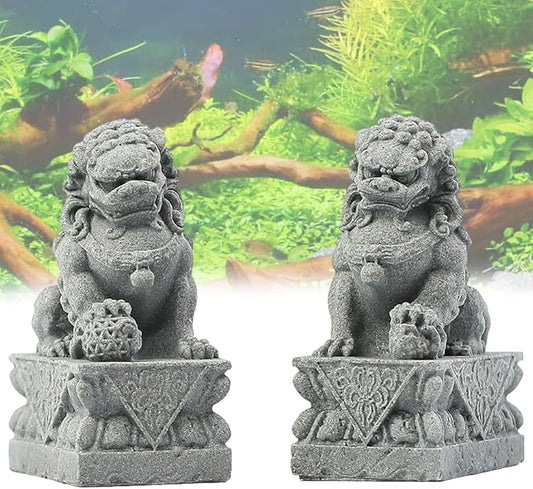 livelyfish Asian Fu Foo Dogs Pair of Two Guardian Lion Statues, Fish Tank Aquarium Sandstone Figurines Chinese Ornaments Feng Shui Decorations (M)