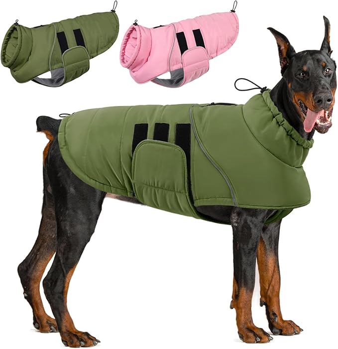ASENKU Extra Warm Dog Coat - Winter Jacket with Fleece, Reflective, Adjustable, Zippered Leash Hole for Large Dogs (Green, 4XL)