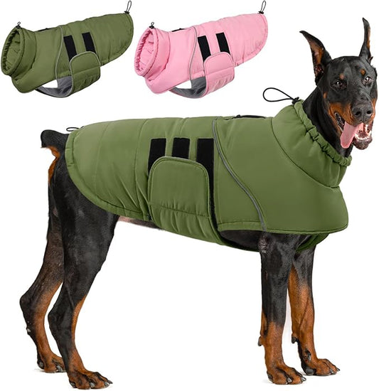 ASENKU Extra Warm Dog Coat - Winter Jacket with Fleece, Reflective, Adjustable, Zippered Leash Hole for Large Dogs (Green, 4XL)